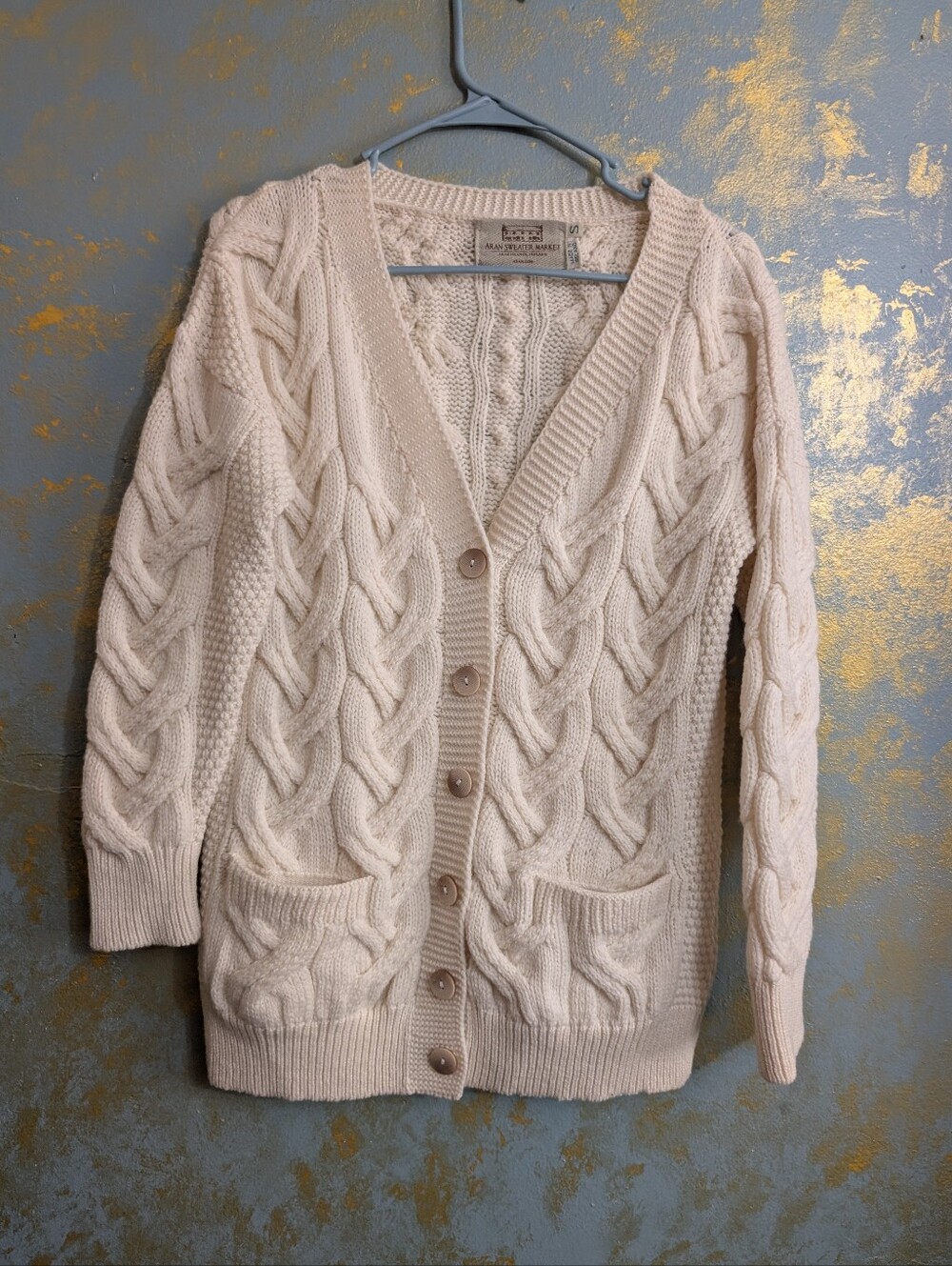 Aran Sweater Market Cable Knit Button-Front Sweater 100% Merino Wool